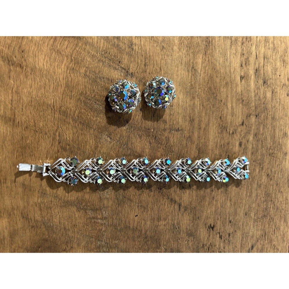 Vintage Aurora Borealis AB Rhinestone Bracelet Clip Earrings Set Silver Tone